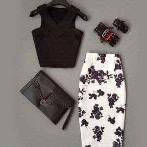 Black sleeveless top + white & black floral print